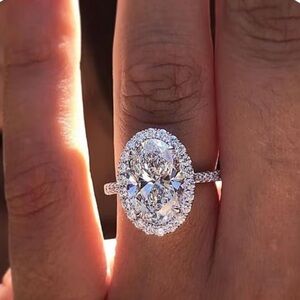 Oval Halo Engagement Ring Simulated Diamond Statement 925 Silver Plated Shiny
